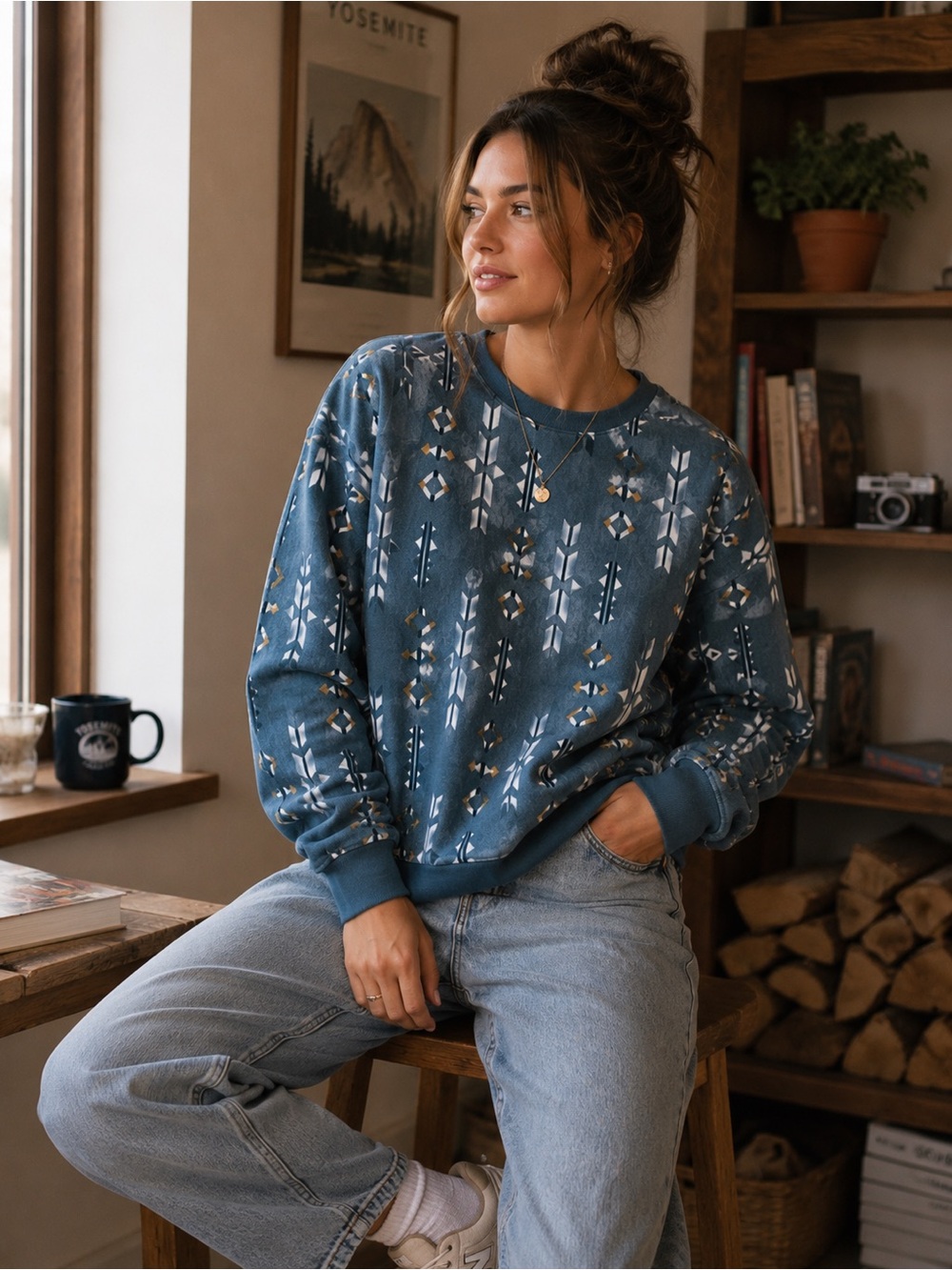 Eddie Bauer Women’s Large Blue Southwest Print Crewneck Sweatshirt